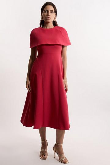 Red Compact Stretch Cape Sleeve Full Skirt Tailored Midaxi Dress