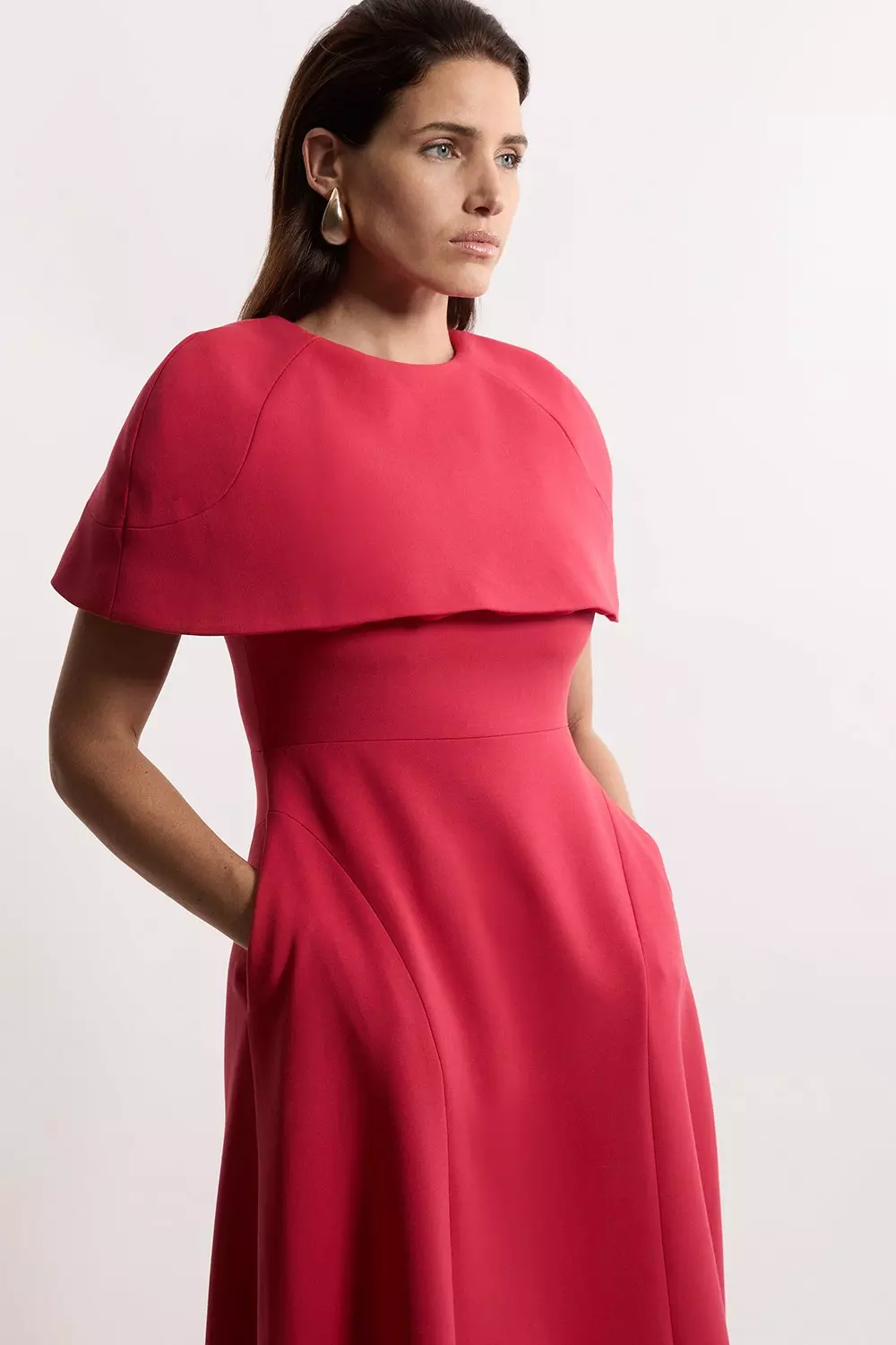 Compact Stretch Cape Sleeve Full Skirt Tailored Midaxi Dress