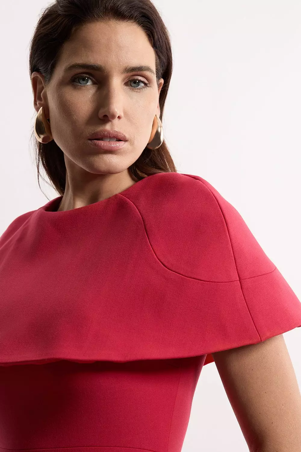 Compact Stretch Cape Sleeve Full Skirt Tailored Midaxi Dress
