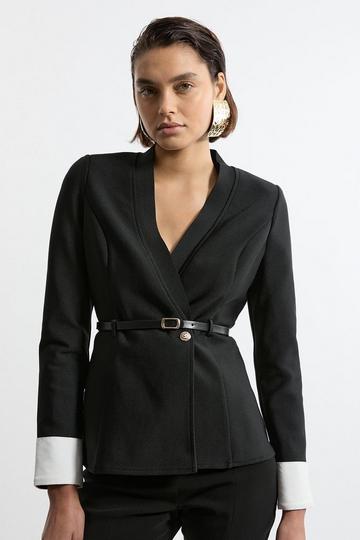 Figure Form Bandage Knit Woven Cuff And Belted Jacket black