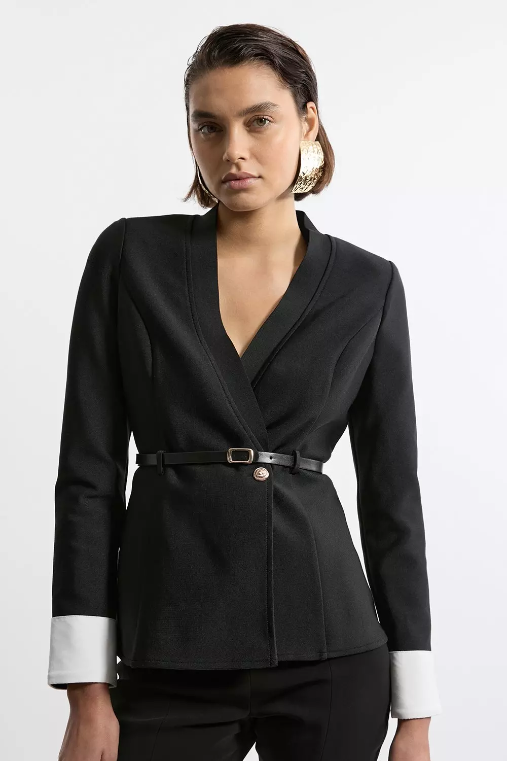 Figure Form Bandage Knit Woven Cuff And Belted Jacket Karen Millen