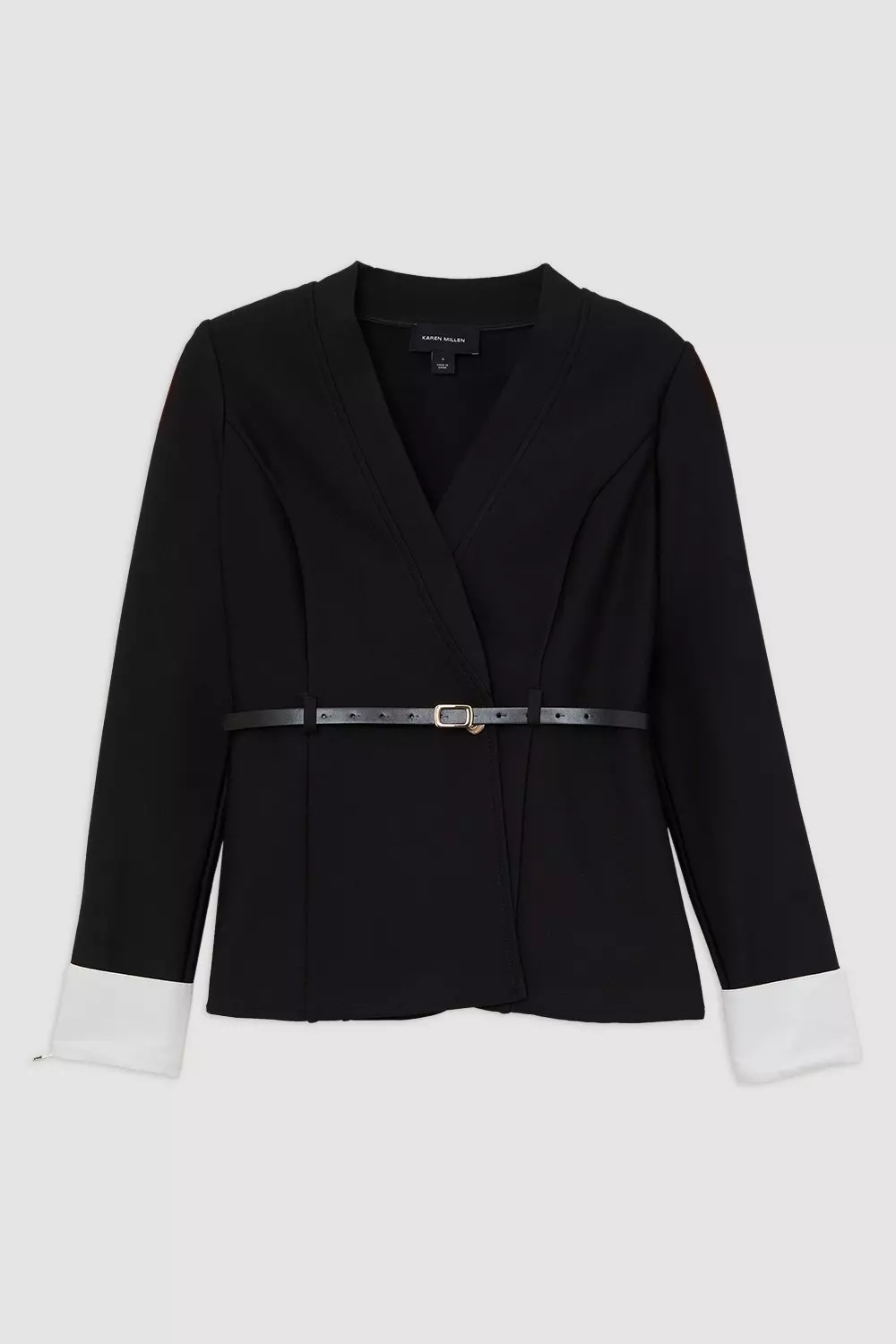 Figure Form Bandage Knit Woven Cuff And Belted Jacket