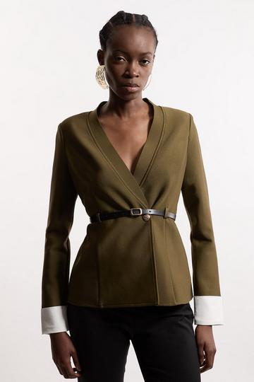 Figure Form Bandage Knit Woven Cuff And Belted Jacket olive