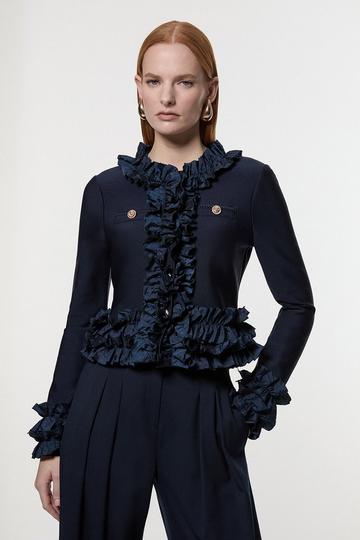 Blue Figure Form Bandage Knit Jacket With Woven Ruffle Trim