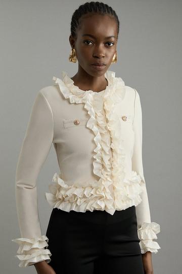 Figure Form Bandage Knit Jacket With Woven Ruffle Trim natural