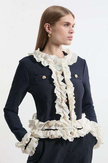 Figure Form Bandage Knit Jacket With Woven Ruffle Trim navy