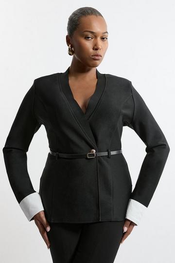 Black Plus Size Figure Form Bandage Knit Woven Cuff And Belted Jacket