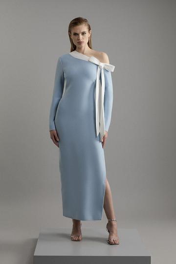 Blue Figure Form Bandage Knit Contrast Bow Detail Maxi Dress