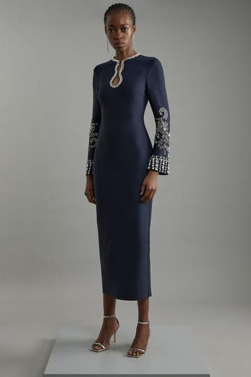 Navy Tall Figure Form Bandage Knit Embellished Wide Sleeve Midaxi Dress