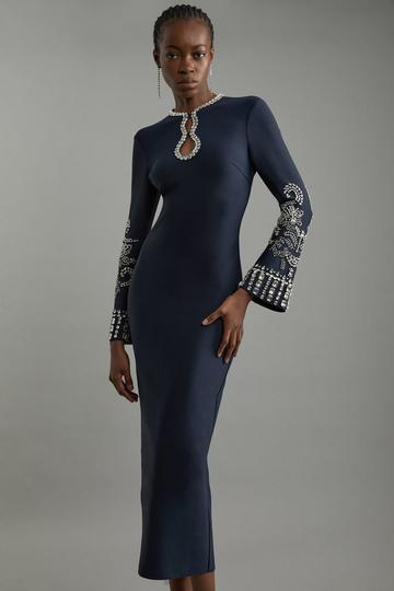 Petite Figure Form Bandage Knit Embellished Wide Sleeve Maxi Dress navy