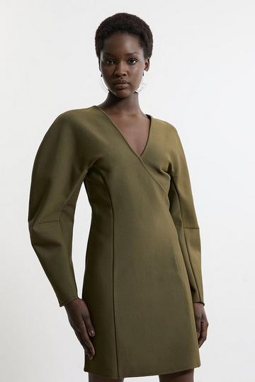 Figure Form Bandage Knit Round Sleeve Mini Dress olive