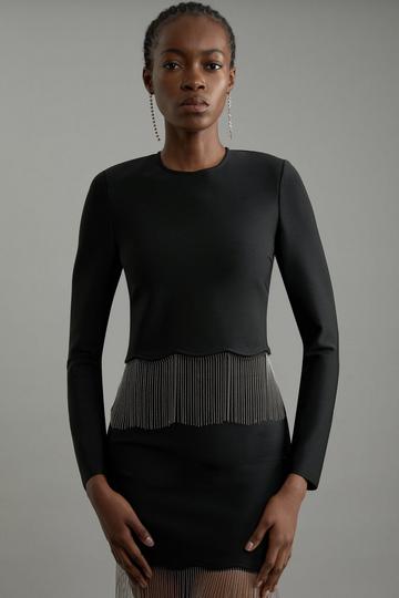 Figure Form Bandage Knit Scallop Tassel Top black