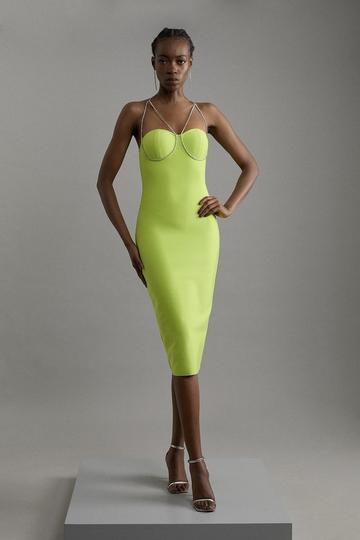 Figure Form Bandage Knit Diamante Chain Mini Dress lime