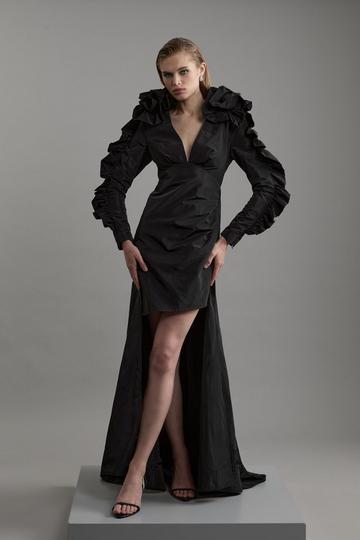 Drama Taffeta Rosette Woven Mini Dress black