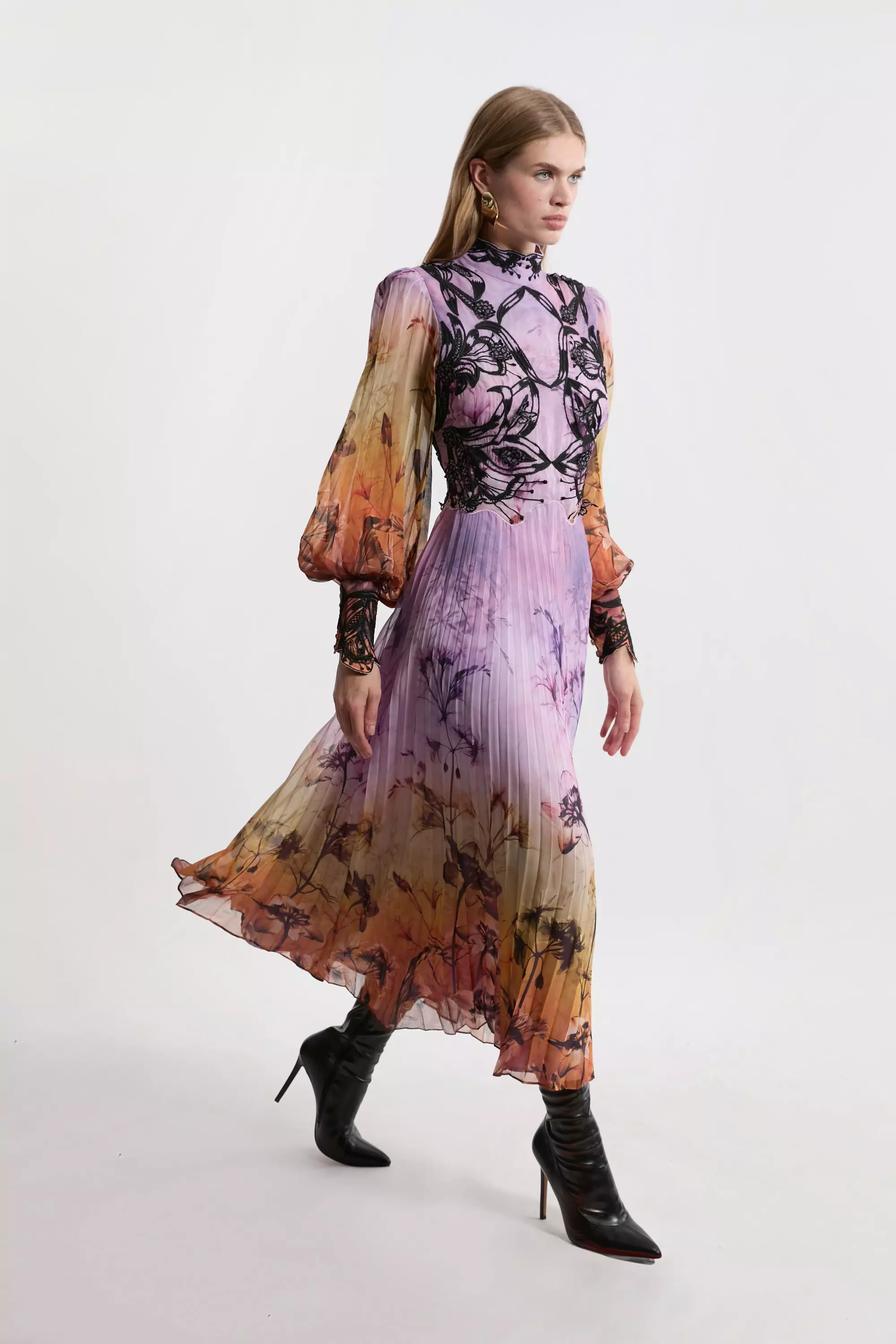 ロゼミューズ floral print pleats dress Petite Floral Applique Lace Pleated Woven Maxi Dress | Karen