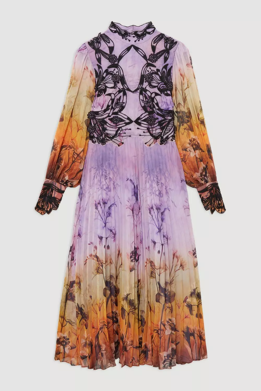 Petite Floral Applique Lace Pleated Woven Maxi Dress | Karen