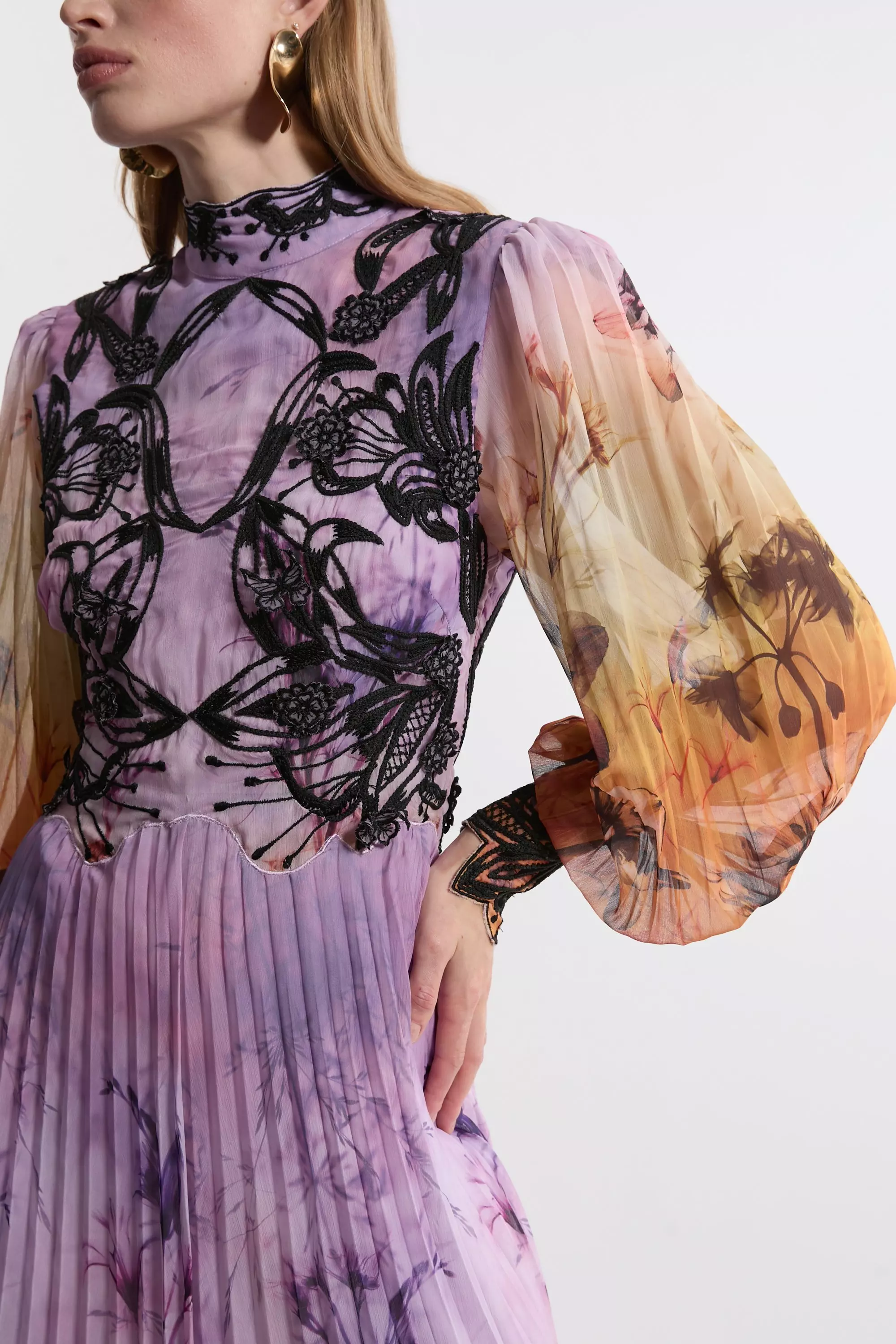Petite Floral Applique Lace Pleated Woven Maxi Dress | Karen