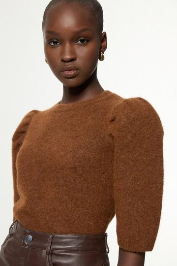 Petite Alpaca Wool Fluffy Knit Crew Neck Top chocolate