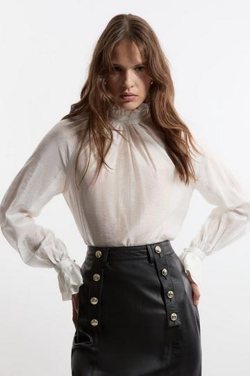 Slub Organdie Frill Detail Collar And Cuff Woven Blouse ivory