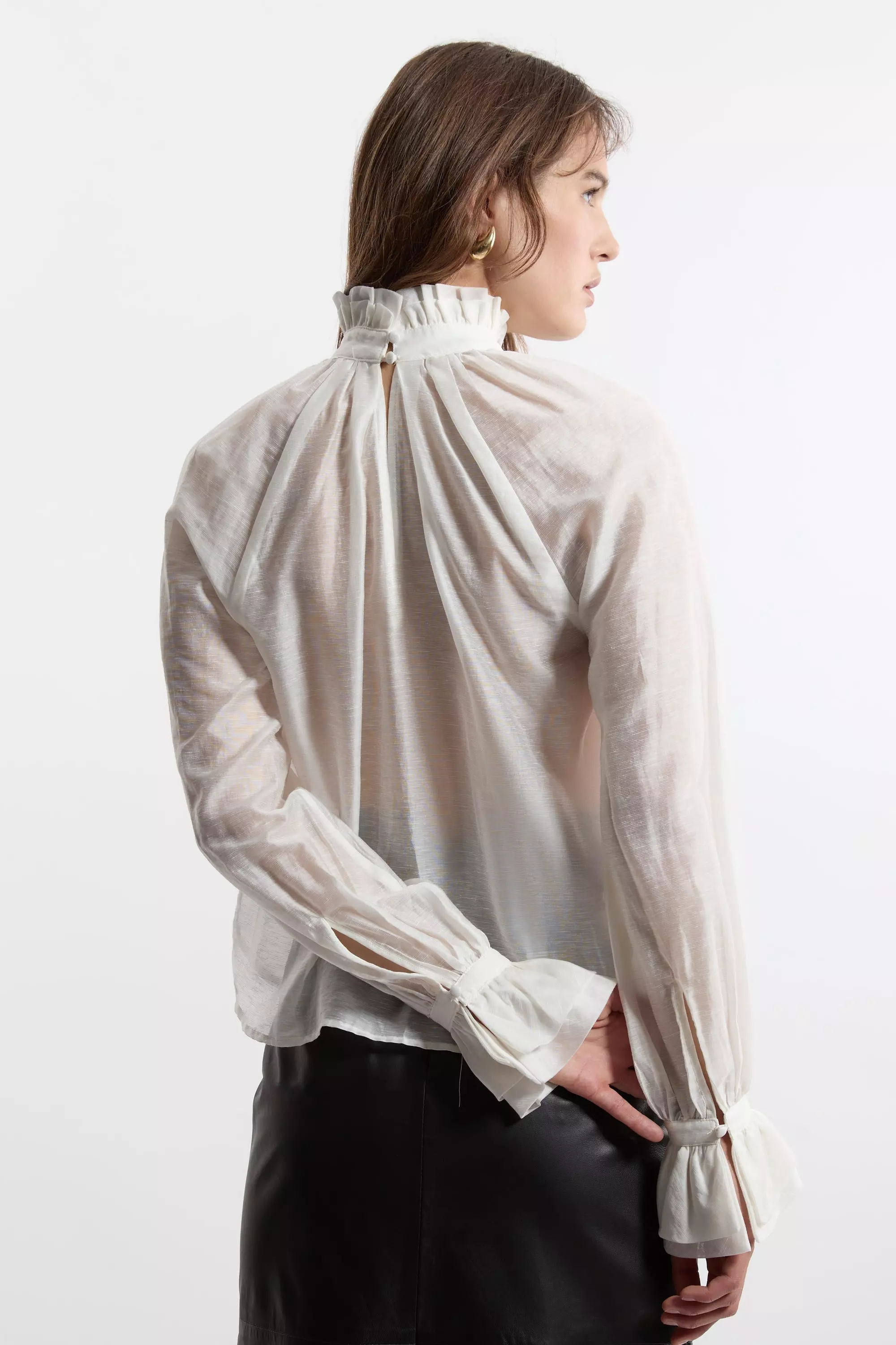 Slub Organdie Frill Detail Collar And Cuff Woven Blouse