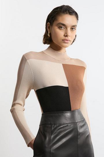 Slinky Rib Knit Colour Block Top neutral