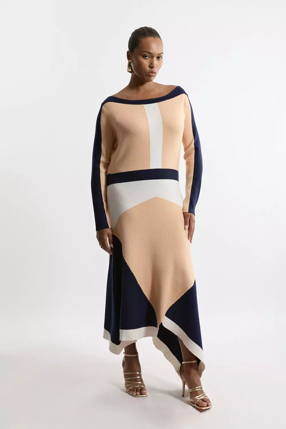 Plus Size Viscose Blend Knit Asymmetric Color Block Dress