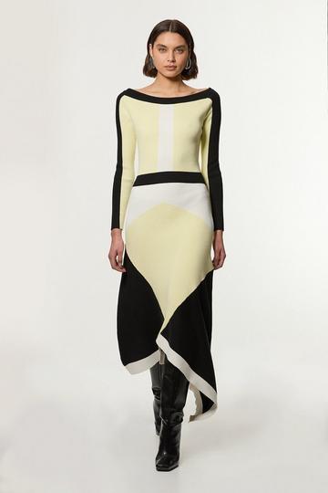 Viscose Blend Knit Asymmetric Colour Block Dress soft lime