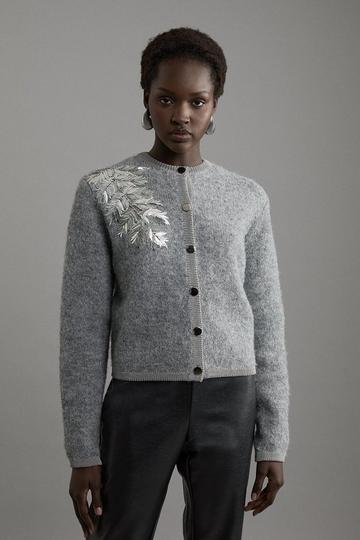 Wool Blend Knit Cardi With Placement Sequin Motif grey