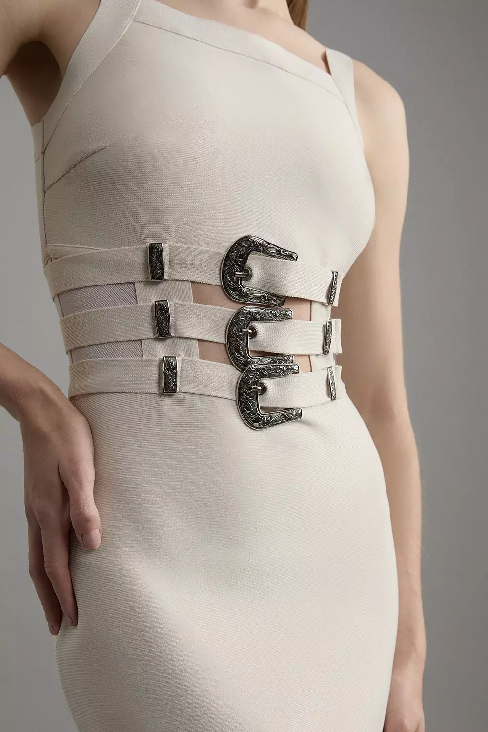 Figure Form Bandage Knit Buckle Detail Midi Dress | Karen Millen