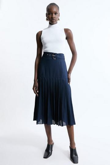 Georgette Asymmetric Pleat Woven Midi Skirt navy