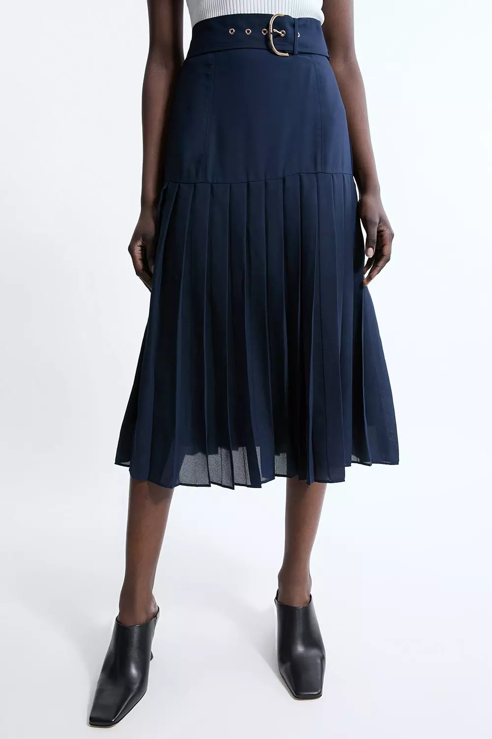 Georgette Asymmetric Pleat Woven Midi Skirt | Karen Millen