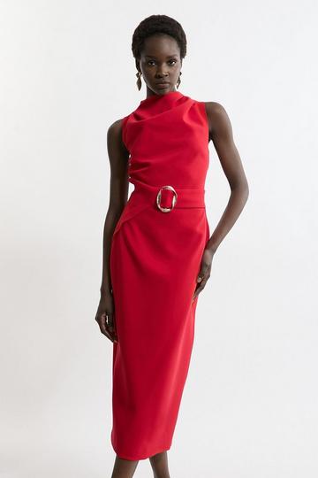 Tall Soft Tailored Drape Detail Sleeveless Tailored Midi Dress red