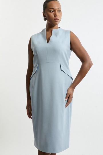 Plus Size Structured Crepe High Neck Tailored Midi Pencil Dress pale blue