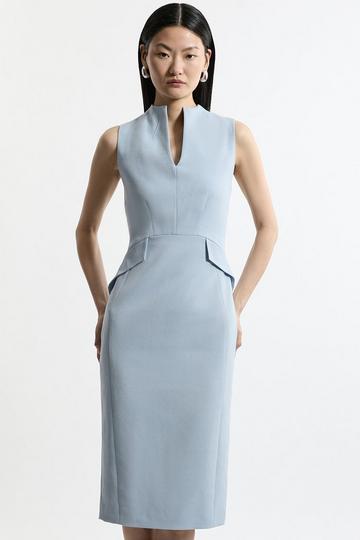 Structured Crepe High Neck Tailored Midi Pencil Dress dusty blue