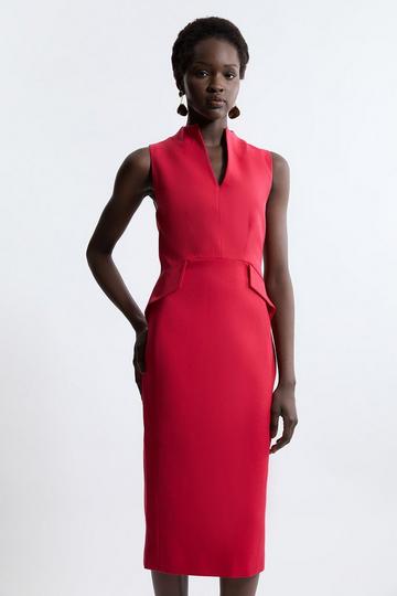 Red Structured Crepe High Neck Tailored Midi Pencil Dress