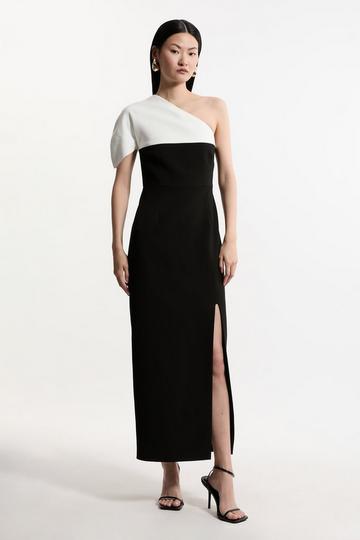 Structured Crepe Asymmetric Cape Detail Tailored Midi Dress mono