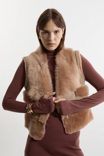 Shearling Sleeveless Collared Jacket toffee