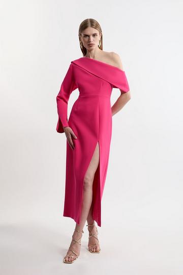 Pink Compact Stretch Open Neck Tailored Midi Dress