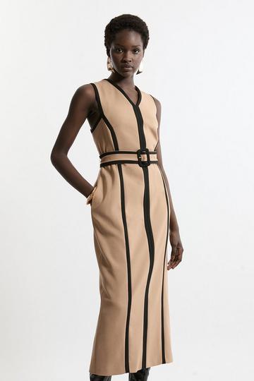 Compact Stretch Belted Sleeveless Tailored Midi Dress camel