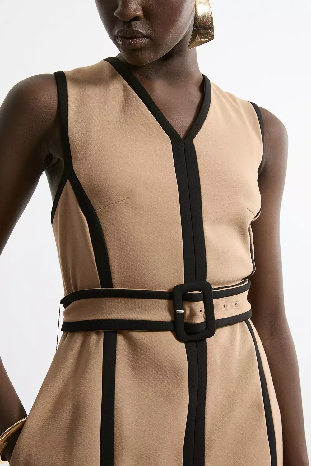 Compact Stretch Belted Sleeveless Tailored Midi Dress