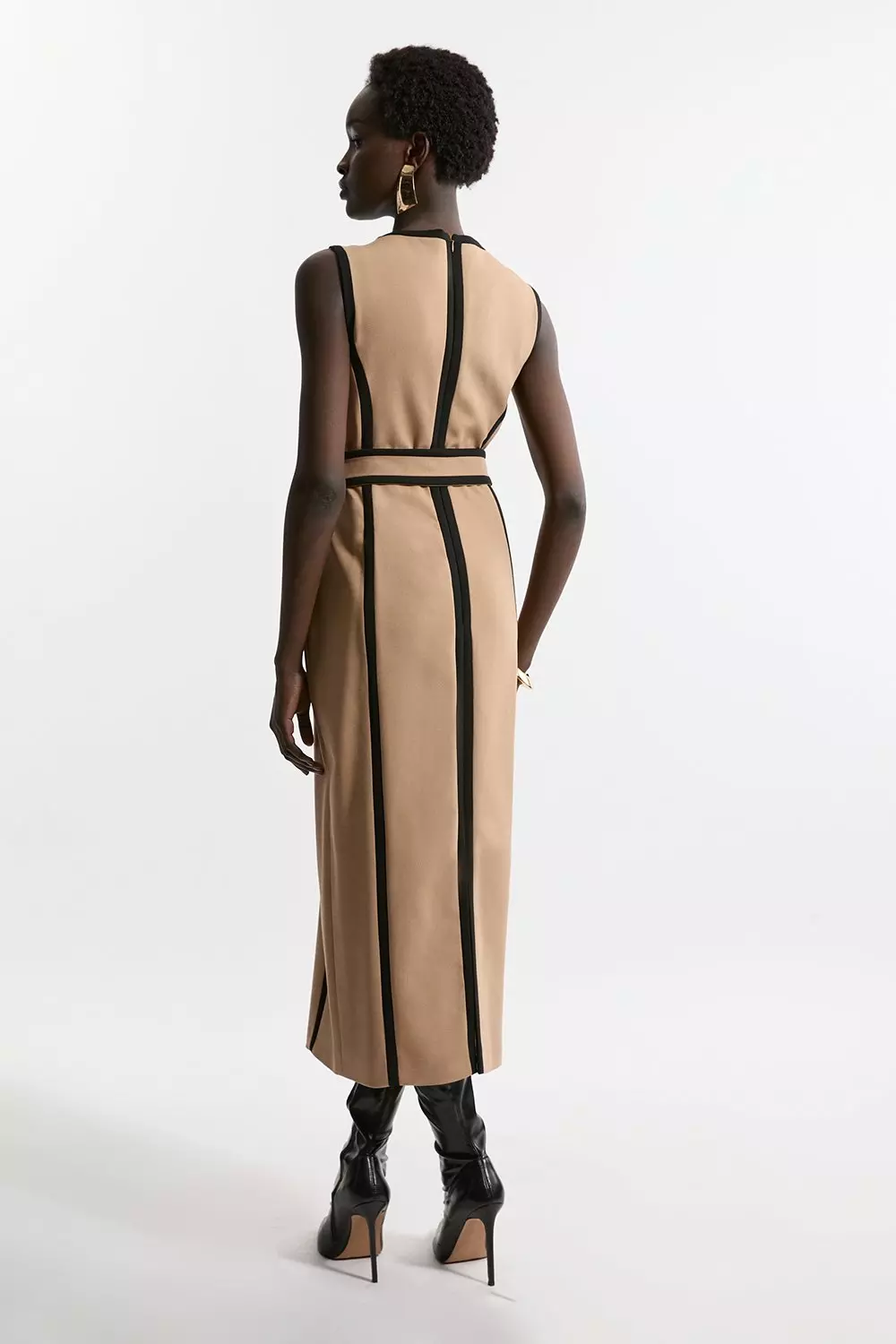 Compact Stretch Belted Sleeveless Tailored Midi Dress