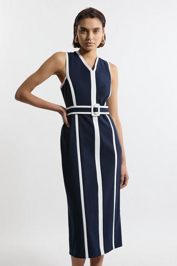 Compact Stretch Belted Sleeveless Tailored Midi Dress navy