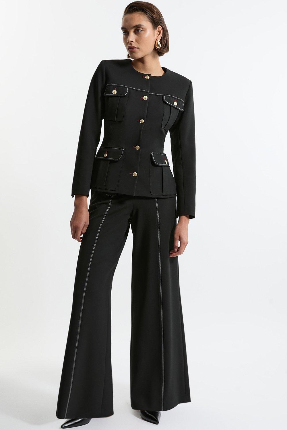 Black Compact Stretch Tailored Flared High Waisted Trousers