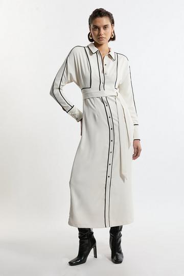 Tall Twill Contrast Piping Woven Midi Dress neutral