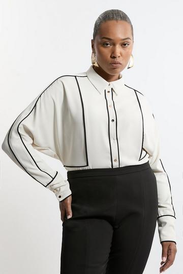 Plus Size Twill Contrast Piping Woven Shirt neutral