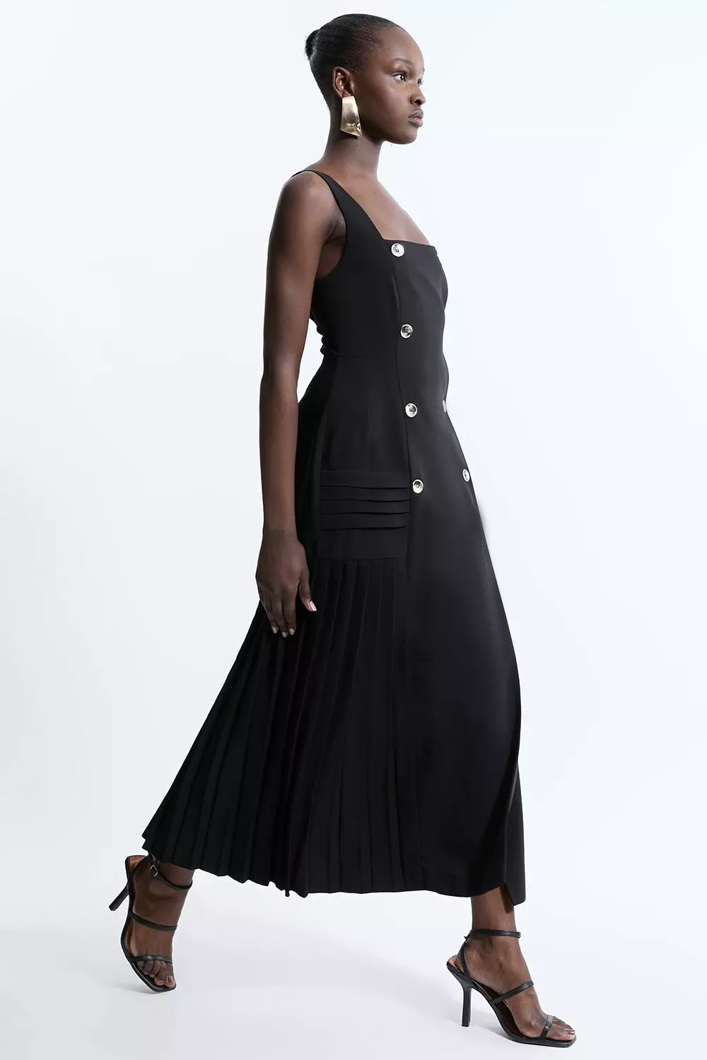 Petite Pleated Button Detail Strappy Woven Midi Dress