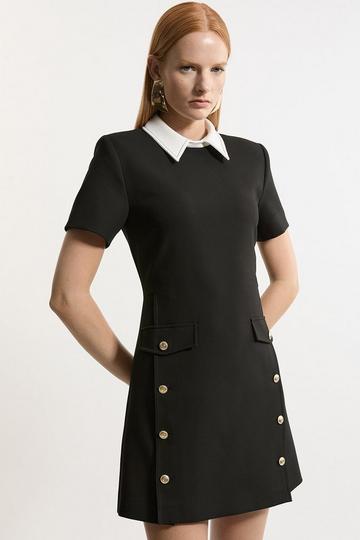 Black Compact Stretch Tailored Collared Button Detail Mini Dress