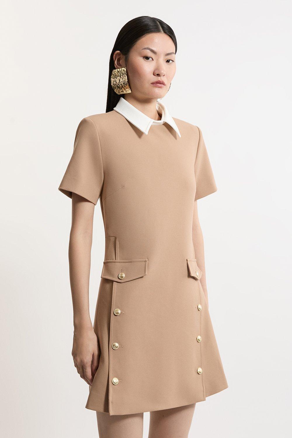 Compact Stretch Tailored Collared Button Detail Mini Dress - Discount £60