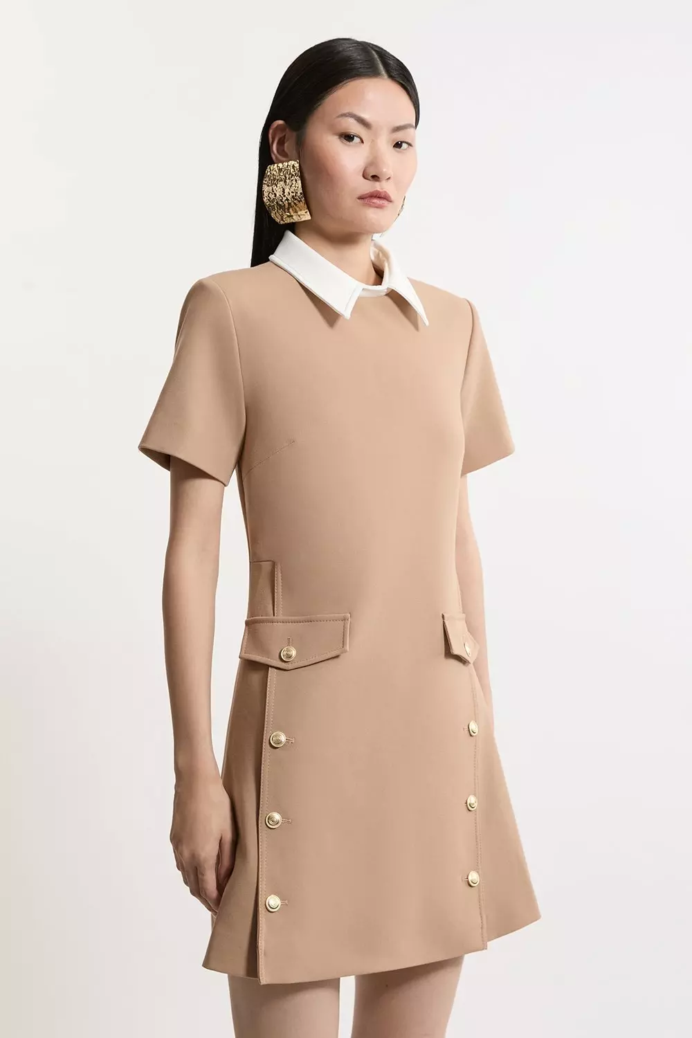 Black Compact Stretch Tailored Collared Button Detail Mini Dress alternative image