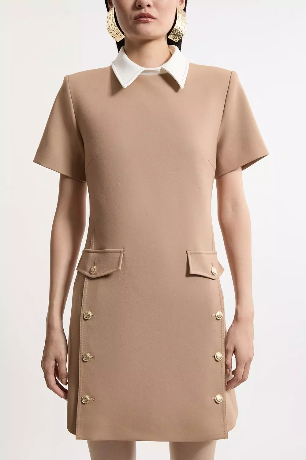 Black Compact Stretch Tailored Collared Button Detail Mini Dress alternative image